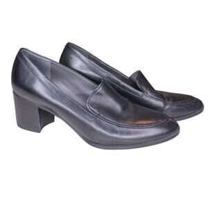 Franco Sarto Chunky Block Heel Loafers Black Leather 90s Y2K Classic